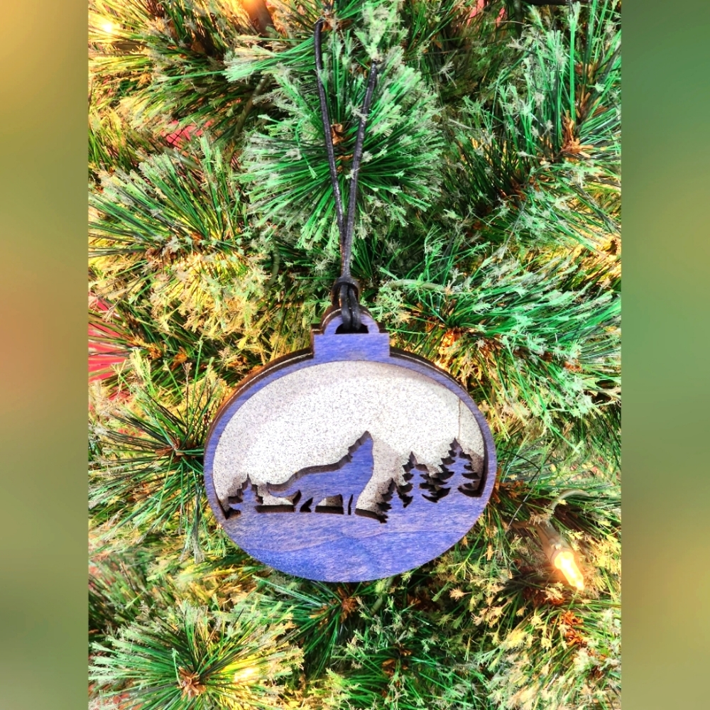 Custom wood holiday ornaments, white & blue colors, 3 1/2" wide × 4" tall